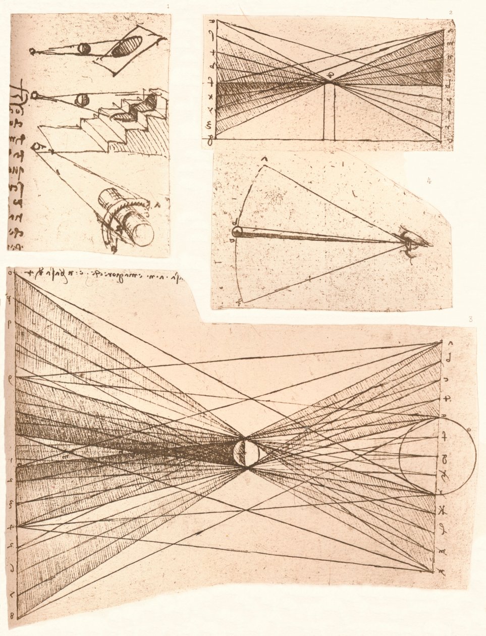 Neljä kaaviota, jotka kuvaavat valon ja varjon teoriaa, c1472-c1519 1883. tekijältä Leonardo da Vinci