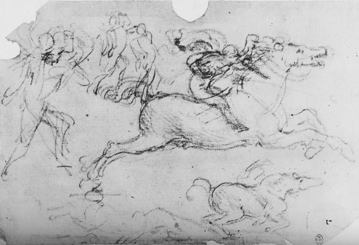 Laukkaa ratsastaja ja muita hahmoja, c1480 1945 tekijältä Leonardo da Vinci