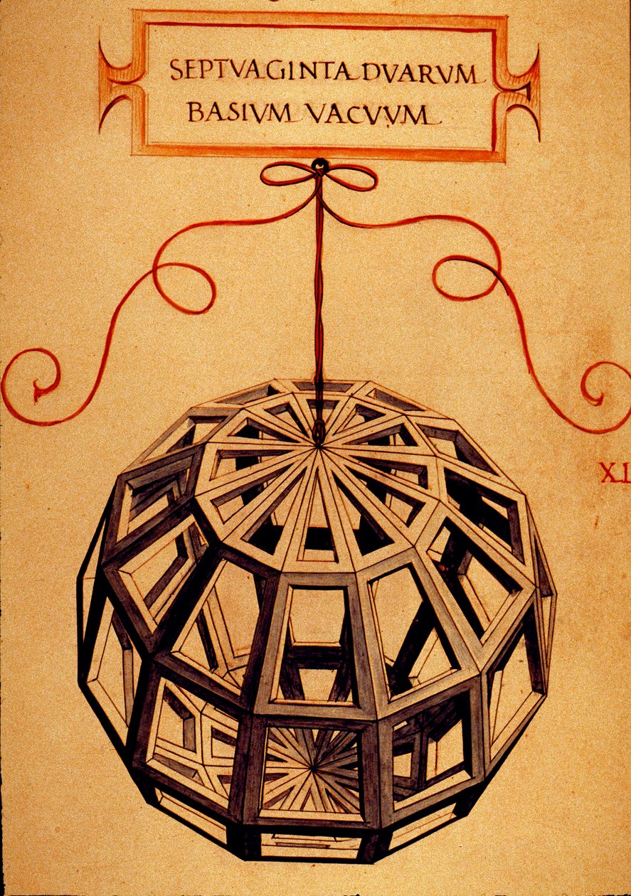 Geometria: "" Polyhedron"" Sivu otettu matemaatikon Fra Luca Pacioli dit Luca di Borgon (1445-1517) käsikirjoituksesta "" De divina ratione"" (Jumalaisista mittasuhteista), kuvannut Leonardo da Vinci (1452-1519). 1509. tekijältä Leonardo da Vinci