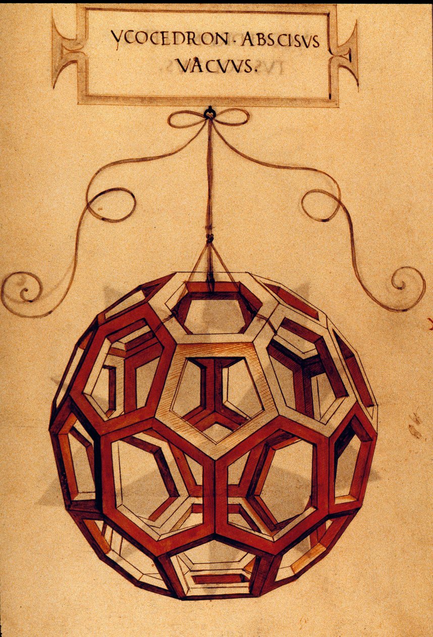Geometria: "" Icosahedron"" Sivu otettu käsikirjoituksesta "" De divina ratione"" (Jumalaisista mittasuhteista), jonka on kirjoittanut matemaatikko Fra Luca Pacioli dit Luca di Borgo (1445-1517), kuvittanut Leonardo da Vinci (1452-1519). 1509. tekijältä Leonardo da Vinci