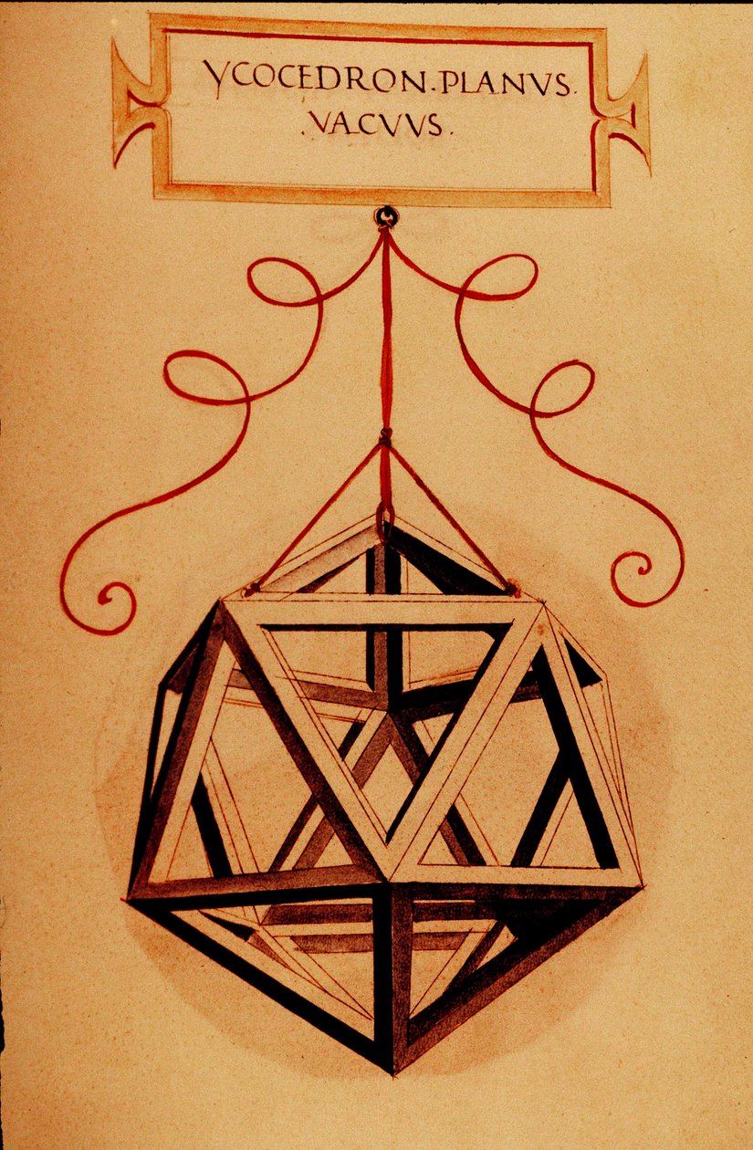 Geometria: "" Icosahedron"" Sivu otettu käsikirjoituksesta "" De divina ratione"" (Jumalaisista mittasuhteista), jonka on kirjoittanut matemaatikko Fra Luca Pacioli dit Luca di Borgo (1445-1517), kuvittanut Leonardo da Vinci (1452-1519). 1509. tekijältä Leonardo da Vinci