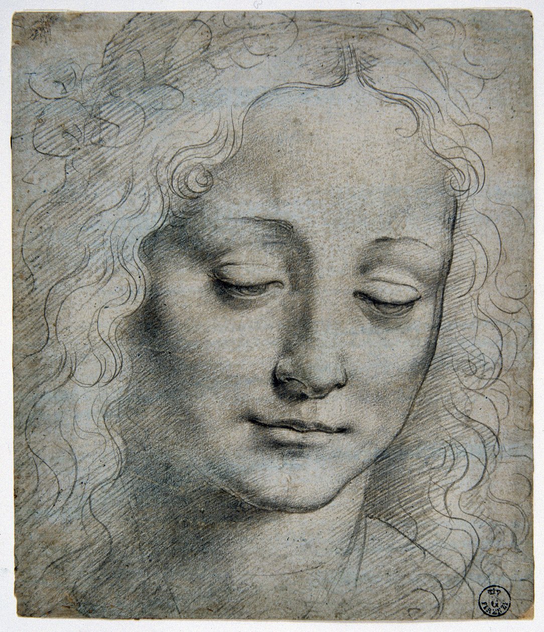 Giovanni Antonio Boltraffio (Beltraffio) (1467 - 1516) (Leonardo da Vincin tunnetuin oppilas): pojan lehtikruunun pää Verrocchion tiellä, GDSU 425 E tekijältä Leonardo da Vinci
