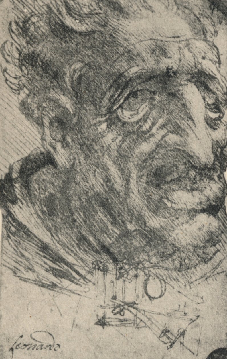Kolme neljäsosaa oikealle kääntyneen miehen groteski pää, c1480 1945 tekijältä Leonardo da Vinci