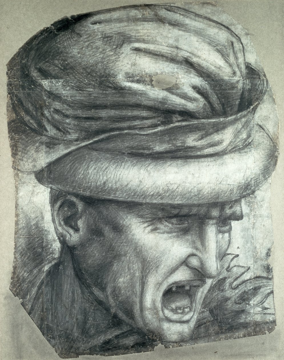 Soturin pää, kopio "The Battle of Anghiarin" yksityiskohdasta (musta liitu paperille) tekijältä Leonardo da Vinci