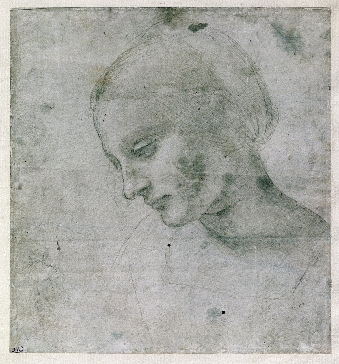 Nuoren naisen pää tai Neitsyt Marian pää, noin 1490 (hopeakärki paperille). tekijältä Leonardo da Vinci