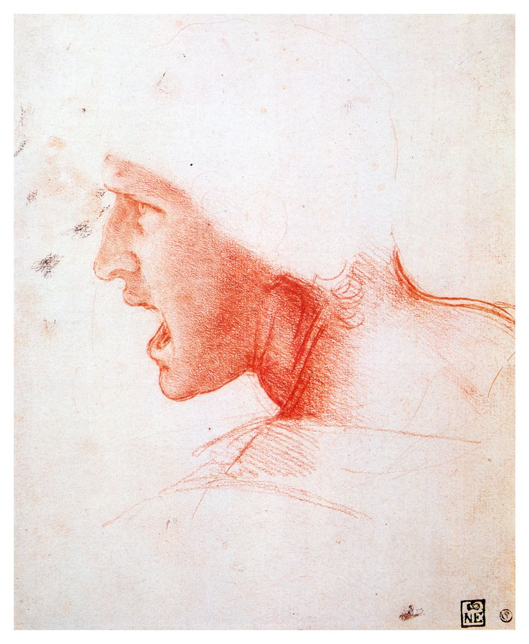 Vasemmalla profiilissa huutavan miehen pää, 1503-1504 tekijältä Leonardo da Vinci