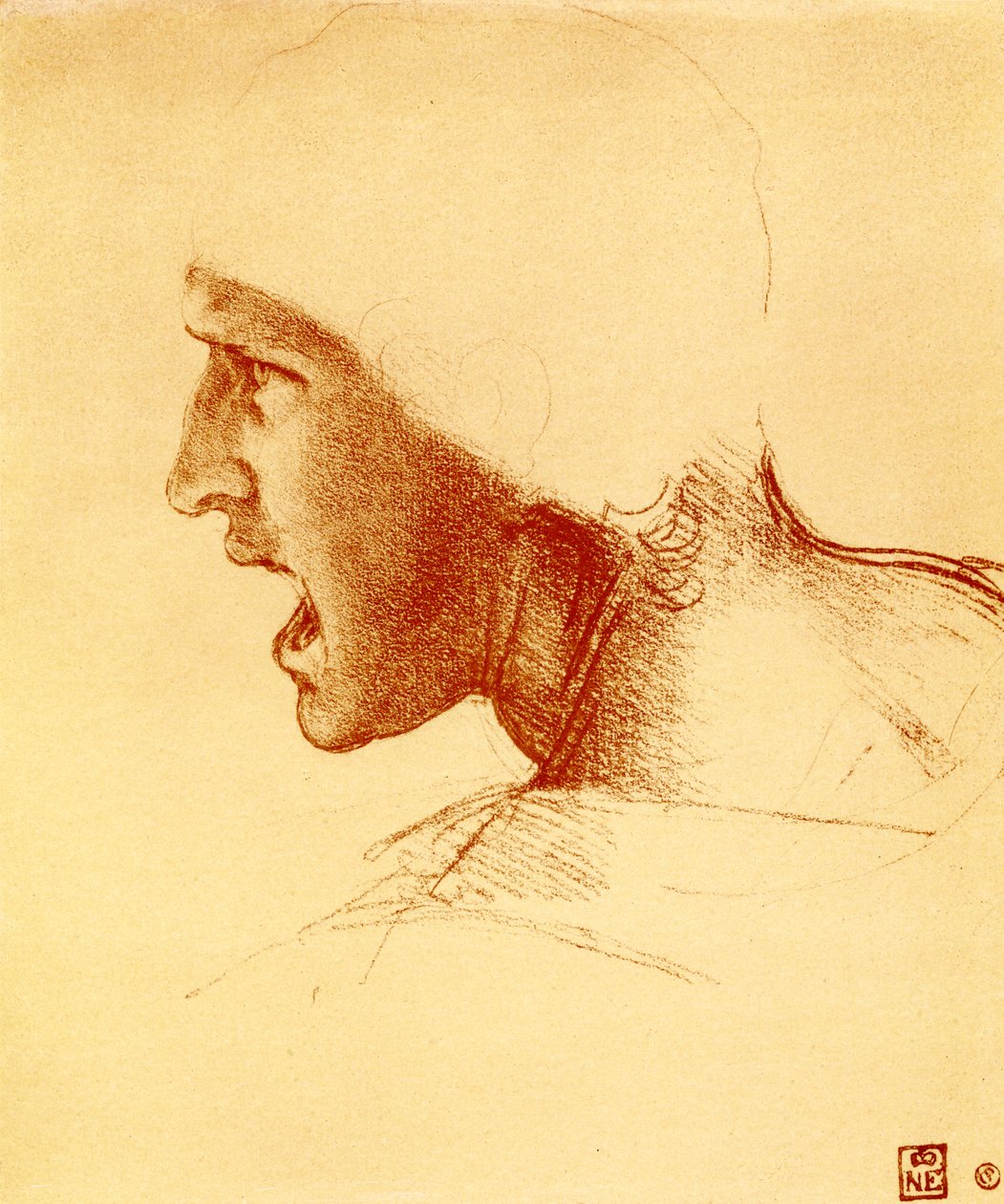 Huutavan ja hyökkäävän soturin pää tekijältä Leonardo da Vinci