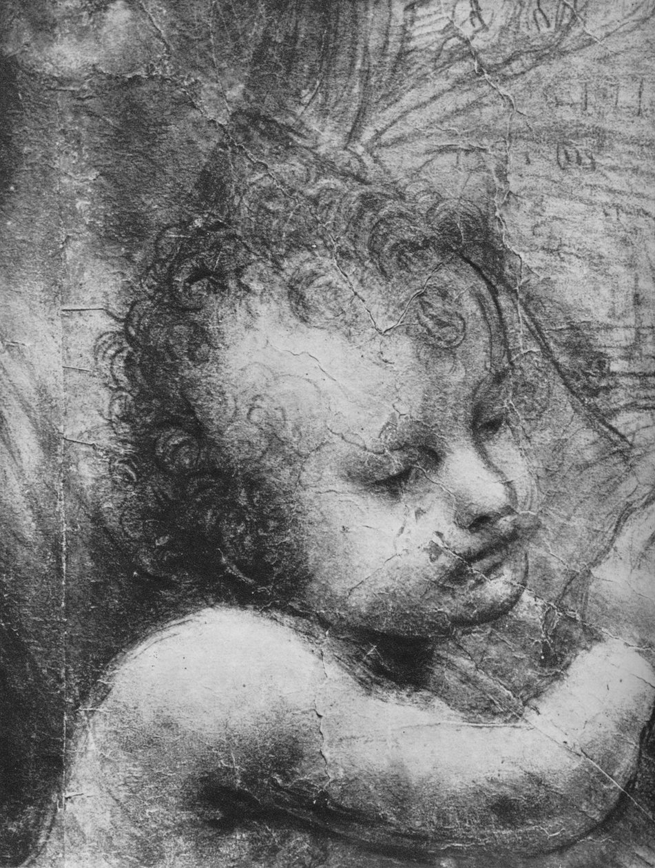 Jeesus-lapsen pää - Neitsyt ja lapsi Pyhän Annan ja Pyhän Johanneksen kanssa, c1480 1945 tekijältä Leonardo da Vinci