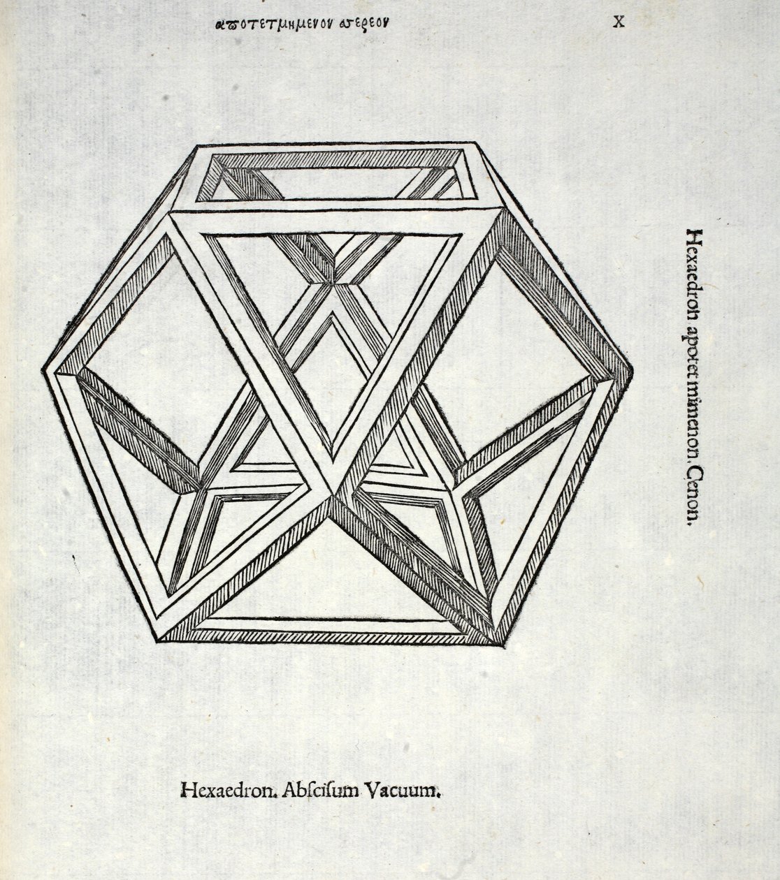 Hexaedron Abscissum Vacuum, kuvitus Luca Paciolin (n. 1445-1517) "Divine Proportionista", alunperin pub. Venetsia, 1509 tekijältä Leonardo da Vinci