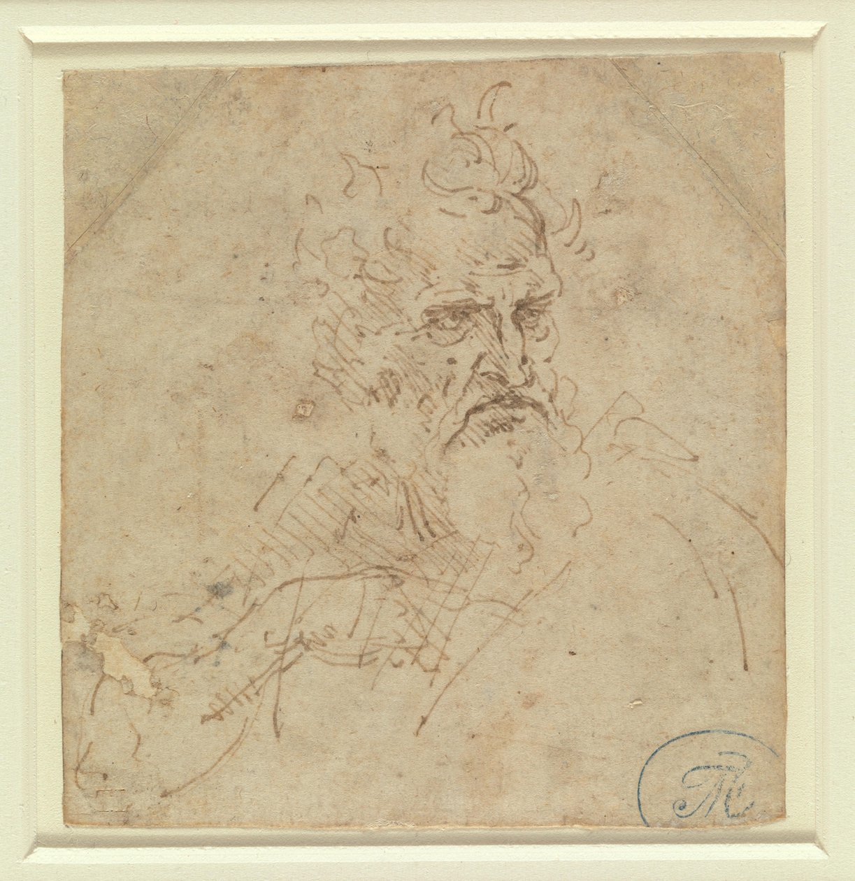 Synkän näköisen harmaapäisen miehen pää, jossa näkyy oikea käsivarsi tekijältä Leonardo da Vinci
