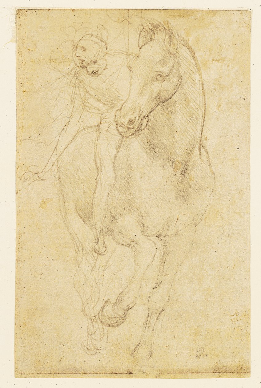 Hevonen ja ratsastaja, n.1480 (hopeakärkikynä valmiille paperille). tekijältä Leonardo da Vinci