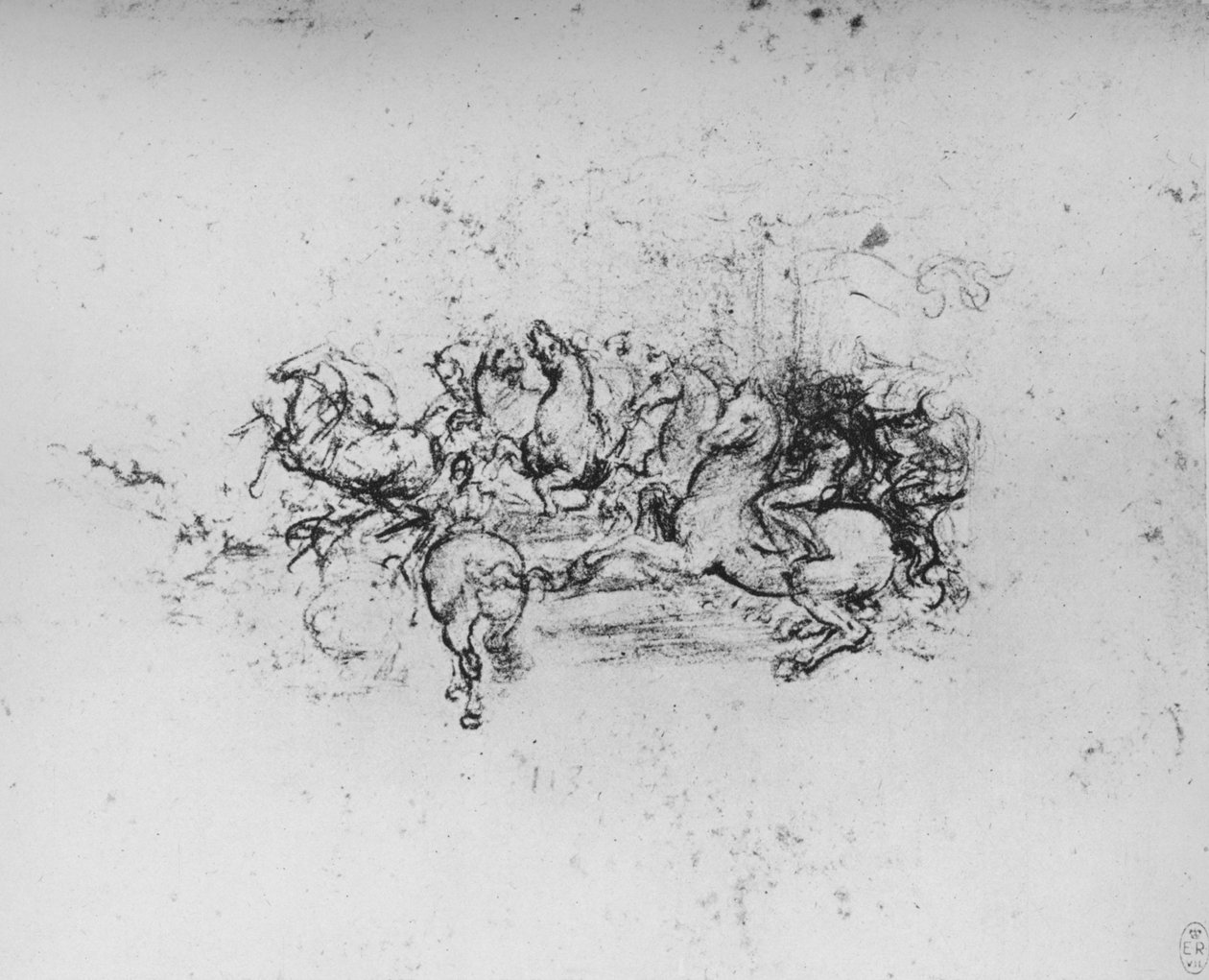 Ratsumiehet viirien kanssa etenevät vasemmalta, c1480 1945 tekijältä Leonardo da Vinci