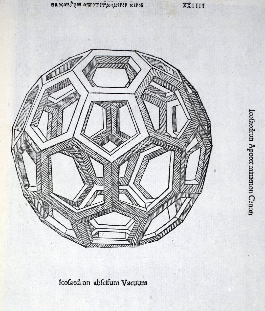 Tyhjä Icosaedron, kuvitus Luca Paciolin (n. 1445-1517) "Divine Proportion" -kappaleesta, alun perin pub. Venetsia, 1509 tekijältä Leonardo da Vinci