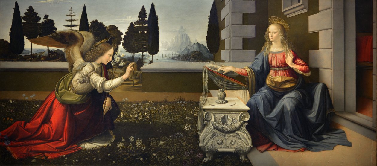 Italia Toscana Firenze, Uffizi-galleria: Annunciation, Leonardo da Vincin (1452-1519) maalaus, öljy puulle, n. 1472-1475, 98x217 cm tekijältä Leonardo da Vinci
