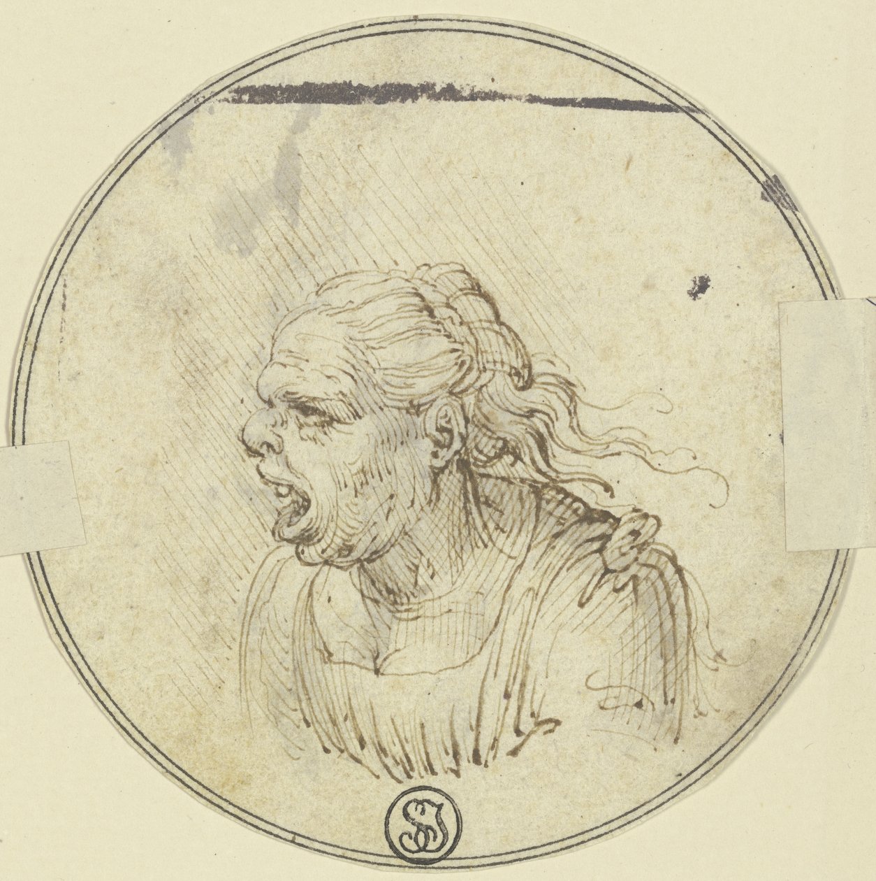 Karikatyyri naisesta, suu auki, rintakuva, profiilista vasemmalle tekijältä Leonardo da Vinci
