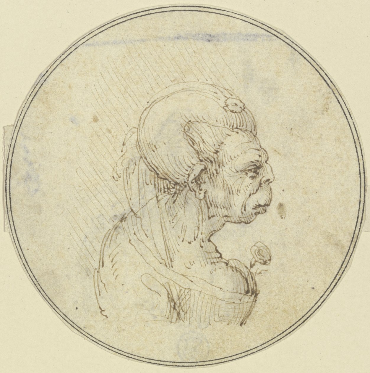 Karikatyyri vanhasta naisesta, rintakuva, jossa naisella on ruusu rinnallaan, profiilissa oikealle tekijältä Leonardo da Vinci