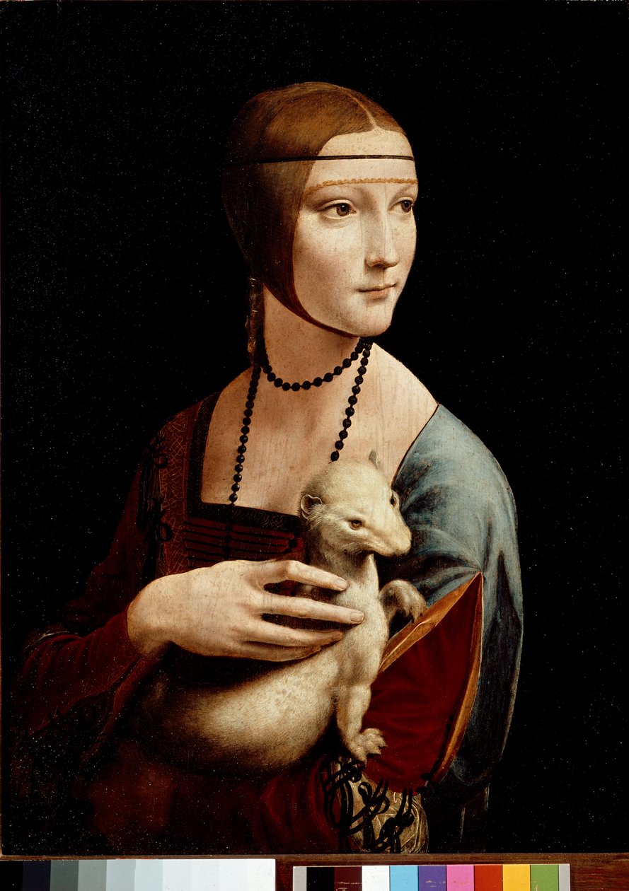 Nainen, jolla on helmiäinen, Cecilia Galleranin muotokuva, noin 1490 (öljy ja tempera paneelille). tekijältä Leonardo da Vinci
