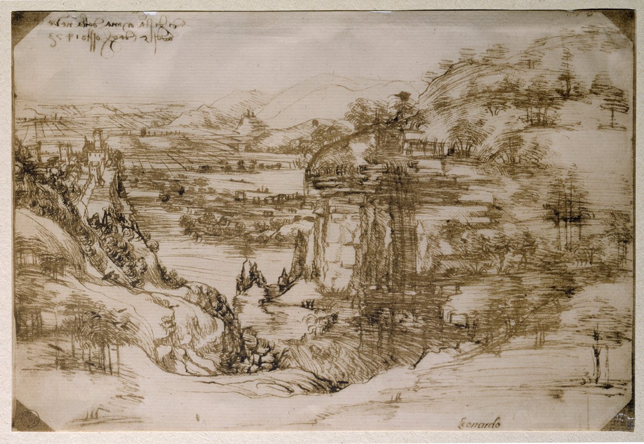 Santa Maria della Neven maisema: Arnon laakson maisema (kynäpiirros tekijältä Leonardo da Vinci