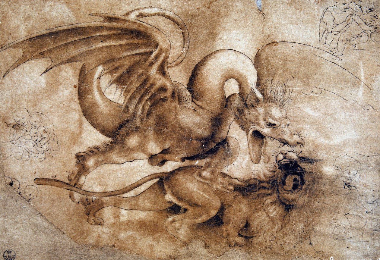 Leonardo da Vinci (Leonardo da Vinci) (1452 - 1519): Taistelu leijonan ja lohikäärmeen välillä, GDSU 435 E (Kuvittele) tekijältä Leonardo da Vinci
