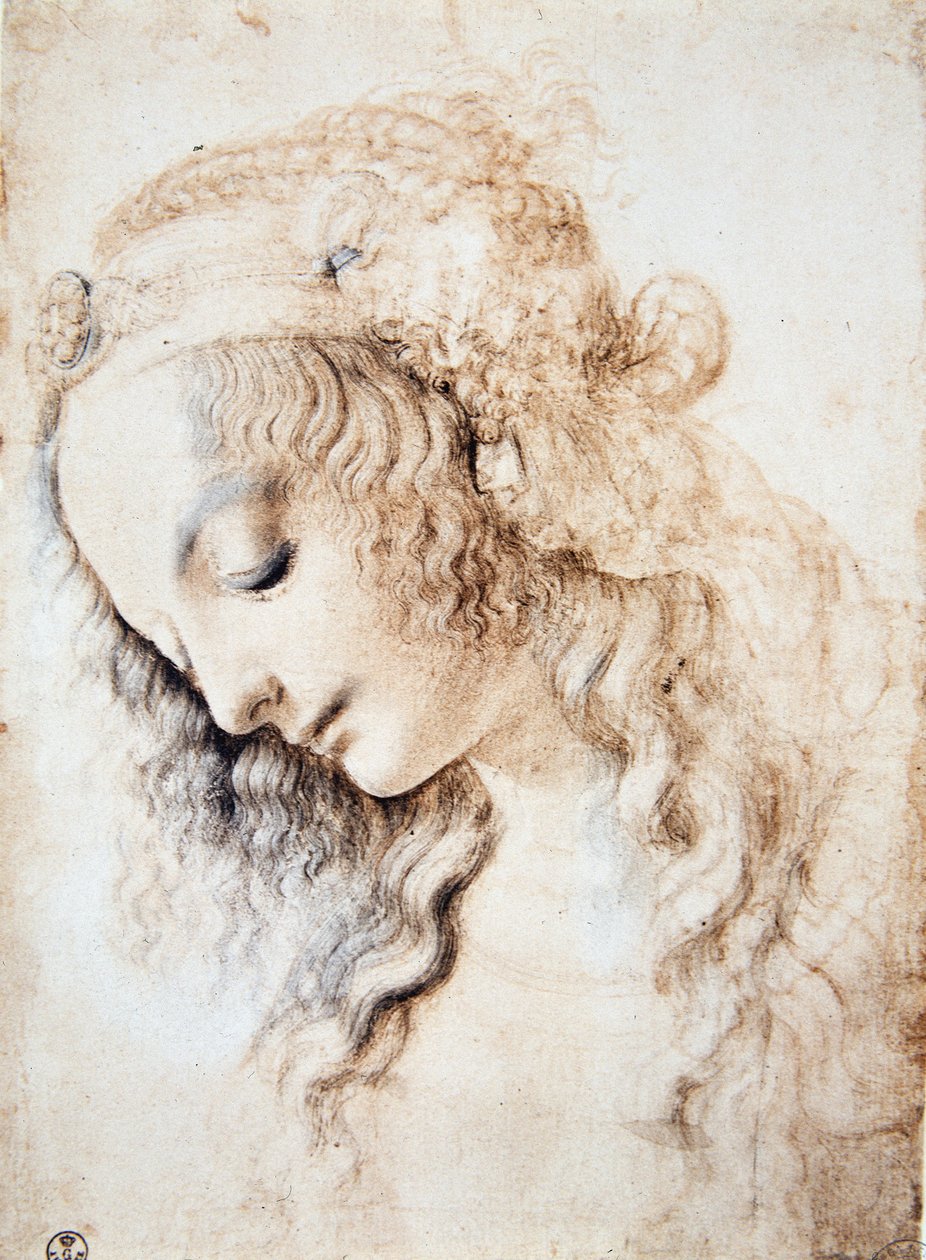 Leonardo da Vinci (Leonardo da Vinci) (1452 - 1519): Muotokuva tytöstä, jolla on ummessa olevat silmät ja pää alaspäin hiukset, jota koristaa koruilla rikastettu nauha (Immagina) tekijältä Leonardo da Vinci