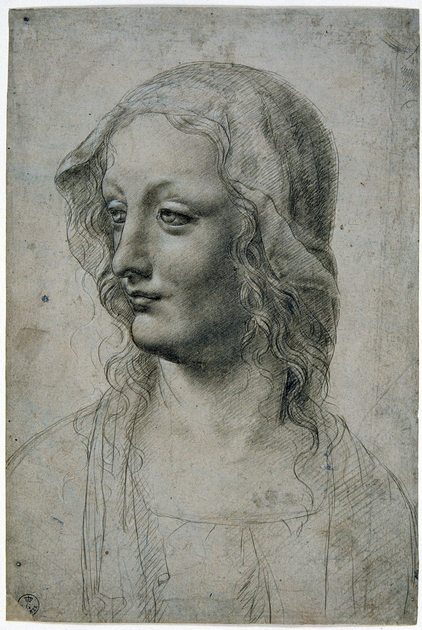 Maestro della Pala Sforzesca (milanolainen Leonardo da Vincin oppilas), naispää hunnulla, ehkä työ Neitsyelle, GDSU 426 E tekijältä Leonardo da Vinci