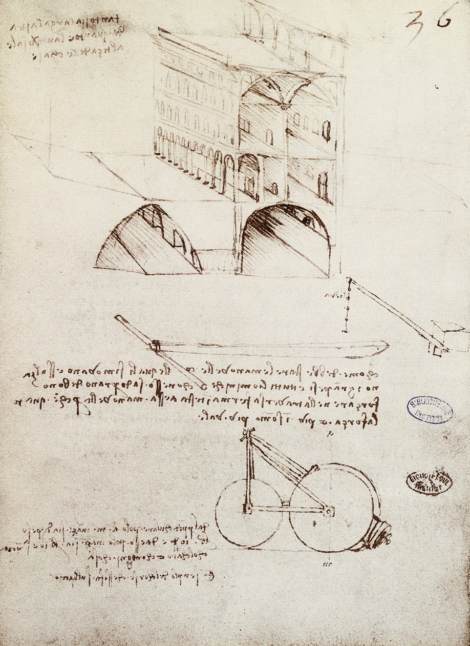 Käsikirjoitus B, f 36 r Arkkitehtuurin tutkimukset, kehitys ja rakennusosat kaupungissa korotetuilla kaduilla (kynä ja muste paperille) tekijältä Leonardo da Vinci