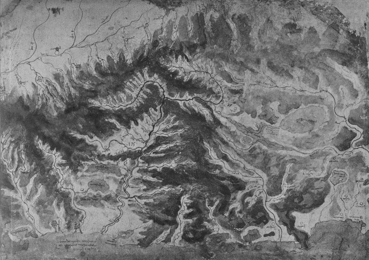 Pohjois-Italian kartta, jossa näkyy Arnon vedenjakaja, c1480 1945 tekijältä Leonardo da Vinci