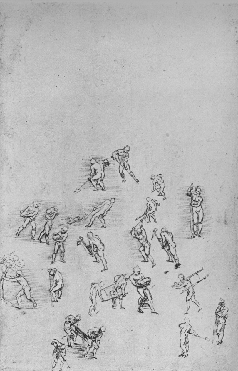 Miehet kaivamassa, kantamassa maata jne., c1480 1945 tekijältä Leonardo da Vinci