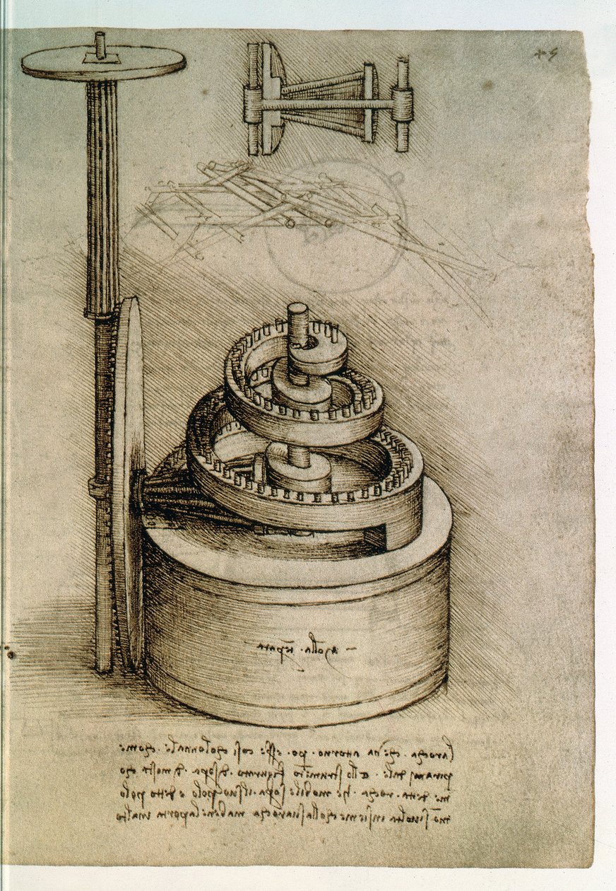 Ms. 8937, Codex Madrid I f.45r, karkaistu jousi tekijältä Leonardo da Vinci