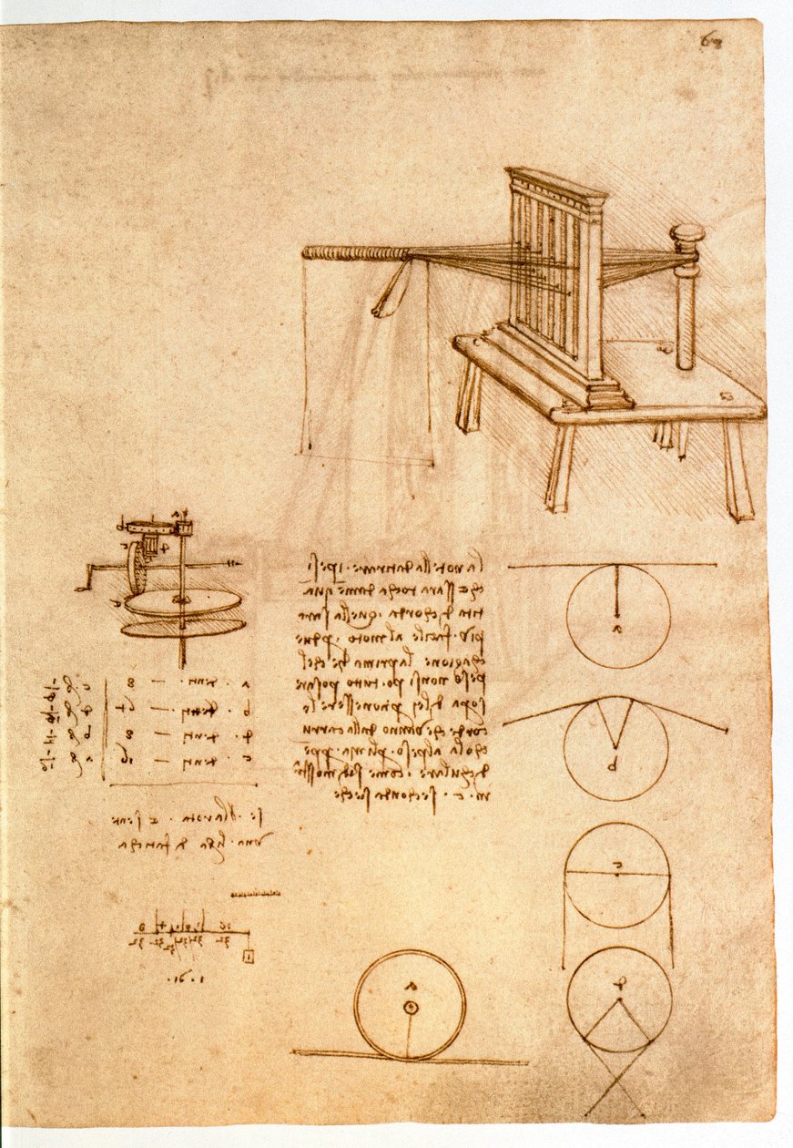Ms 8937 fol.68r Tutkimus tekstiilikoneelle, Codex Madrid I, n. 1493-1497 (kynä ja muste paperille) tekijältä Leonardo da Vinci