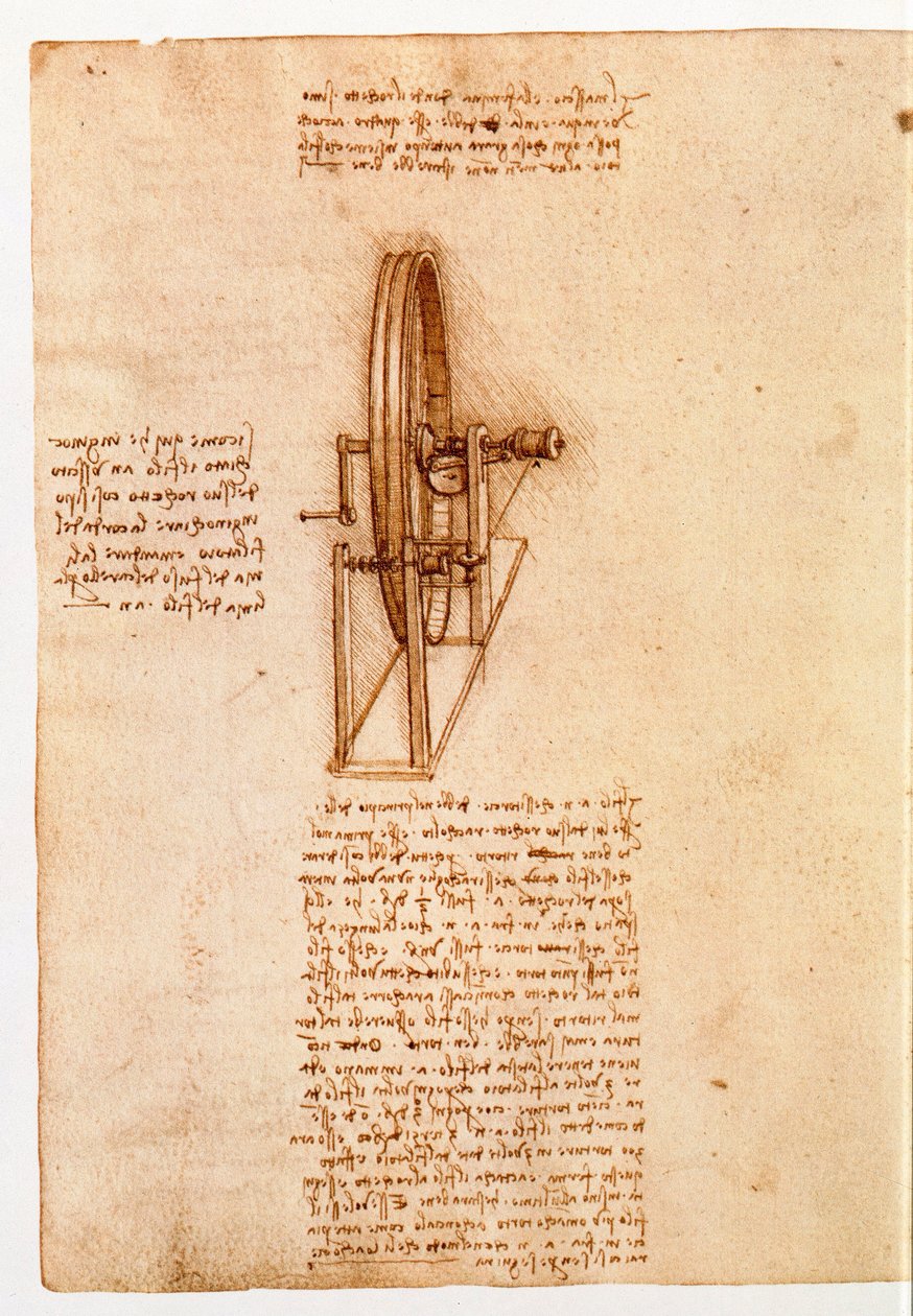 Ms 8937 fol. 65v Study pyörivään pyörään, Codex Madrid I, n. 1493-97 (kynä ja muste paperille) tekijältä Leonardo da Vinci
