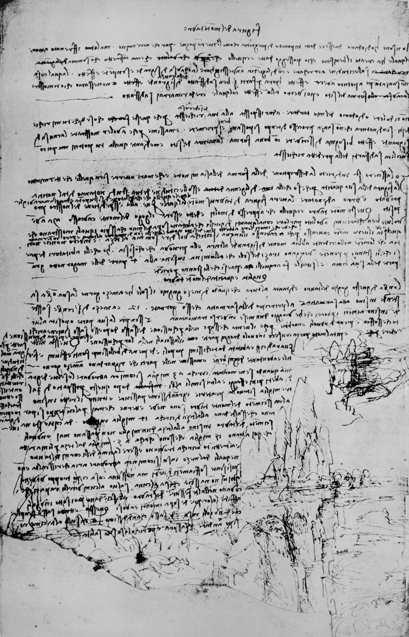 Tekstisivu maisemaluonnoksilla, c1480 1945 tekijältä Leonardo da Vinci
