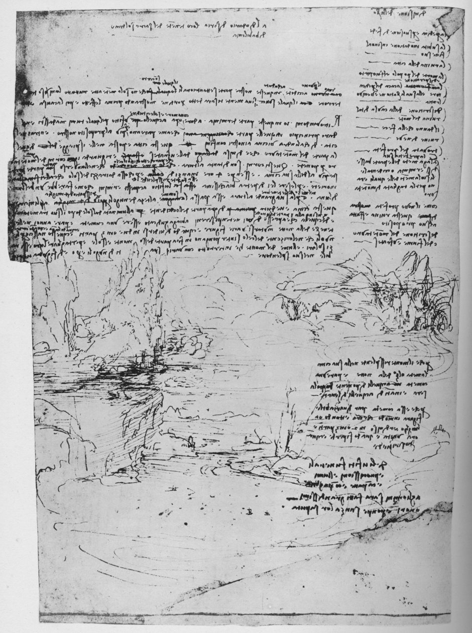 Tekstisivu maisemaluonnoksilla, c1480 1945 tekijältä Leonardo da Vinci