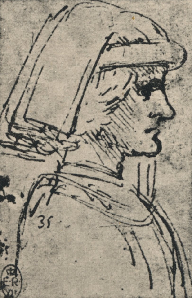 Nuoren miehen profiili, jolla on yllään saattaja, c1480 1945 tekijältä Leonardo da Vinci