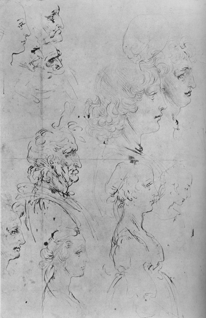 Miesten ja puolipitkän tytön profiilit, c1490 1945 tekijältä Leonardo da Vinci