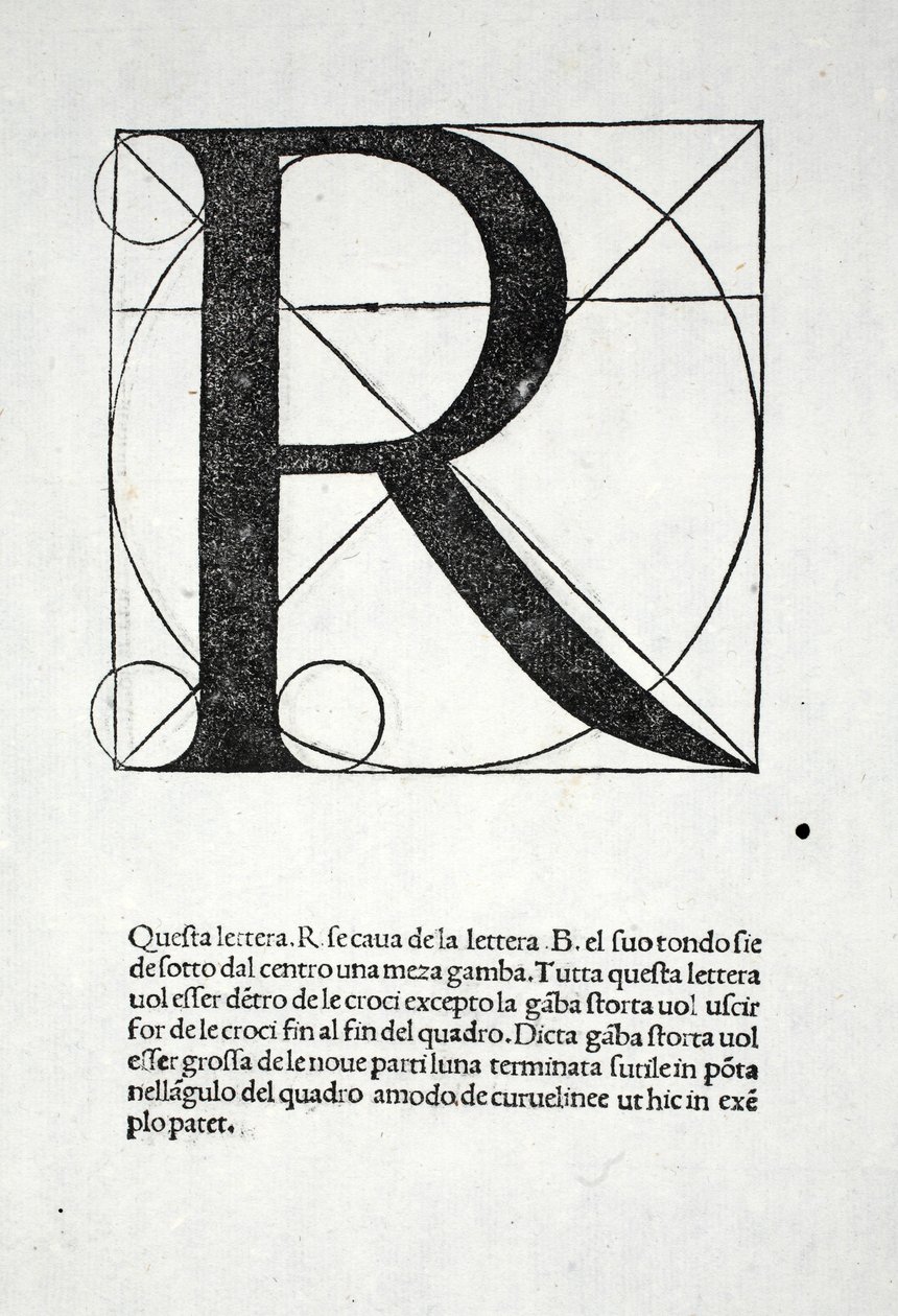 R, kuvitus "Divina Proportionesta", kirjoittaja Luca Pacioli (n. 1445-1517), alunperin pub. Venetsia, 1509 tekijältä Leonardo da Vinci
