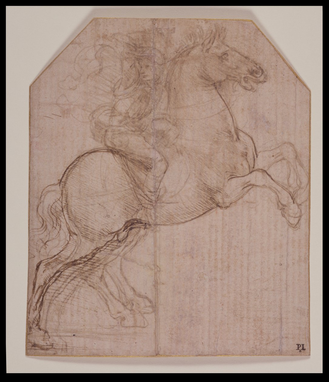 Ratsastaja kasvatushevosella, n. 1481-82 (hopeakärki, kynä ja ruskea muste valmiilla paperilla) tekijältä Leonardo da Vinci