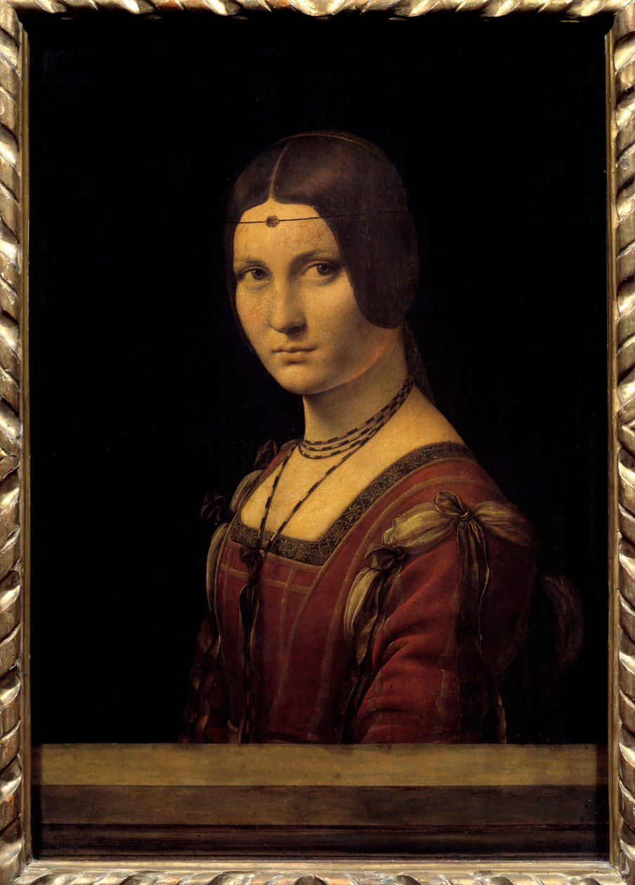 Ritratto di dama. Muotokuva naisesta Milanon hovissa, virheellisesti sanottu "kaunis rautatyö"". Leonardo da Vincin (Leonardo da Vinci) (1452-1519) maalaus 1400-luvun aurinko. 0,63x0,45m. - Ritratto di dama. Muotokuva Milanon hovinaisesta, w tekijältä Leonardo da Vinci