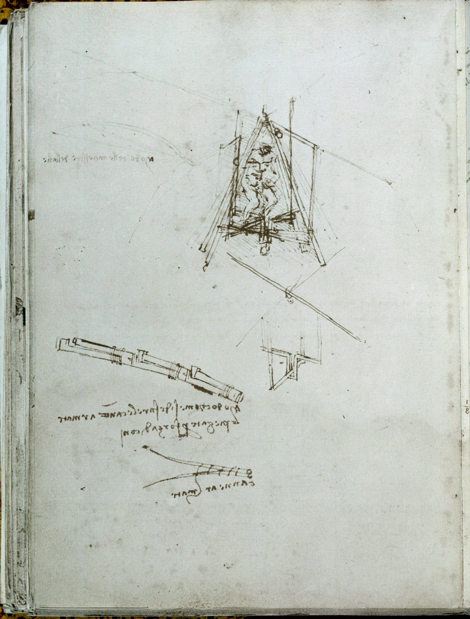 Tiede ja tekniikka: käsikirjoitus lentävistä koneista, helikopterin esi-isä. Leonardo da Vincin kirja (Leonardo da Vinci) (1452-1519). Noin 1487. Pariisi, Institut de Francen kirjasto tekijältä Leonardo da Vinci