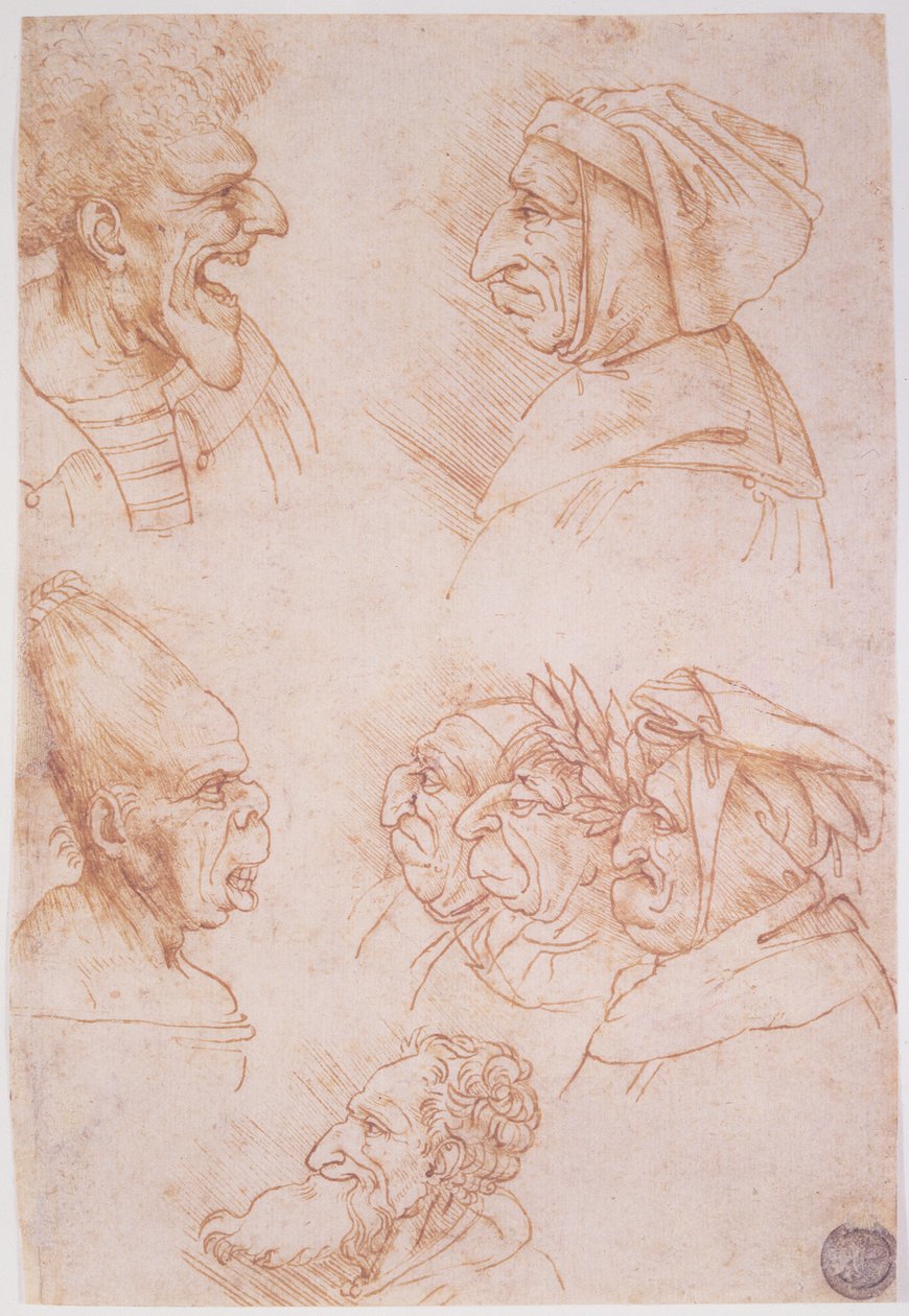 Seitsemän tutkimusta groteskikasvoista (punainen liitu paperille) tekijältä Leonardo da Vinci