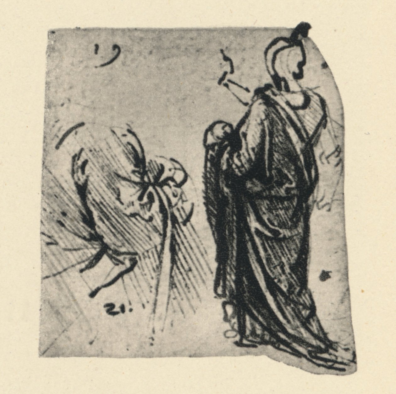 Luonnos drapedoidusta hahmosta ja puvun yksityiskohdasta, c1480 1945 tekijältä Leonardo da Vinci