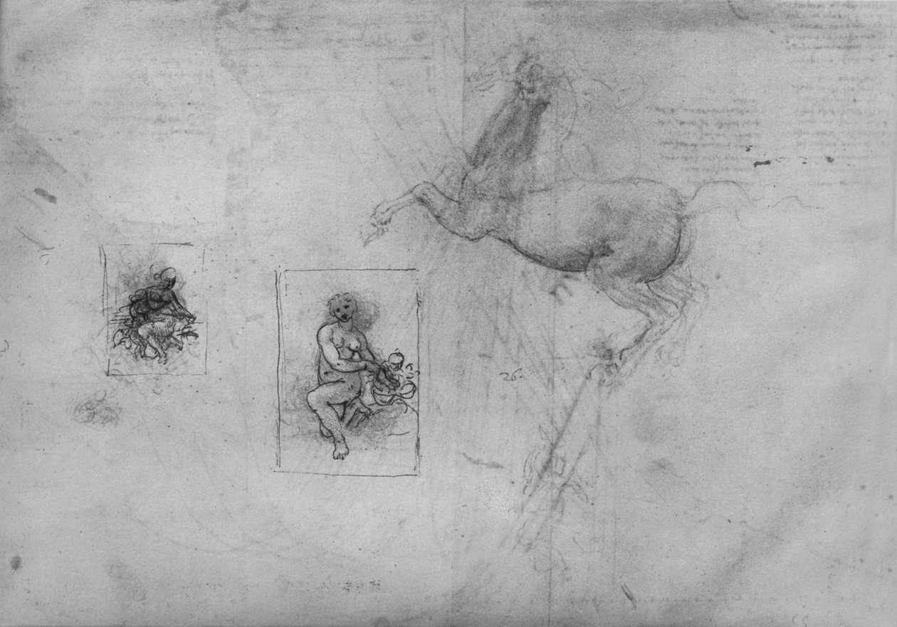 Luonnoksia polvistuvalle Ledalle ja hevoselle, c1480 1945 tekijältä Leonardo da Vinci