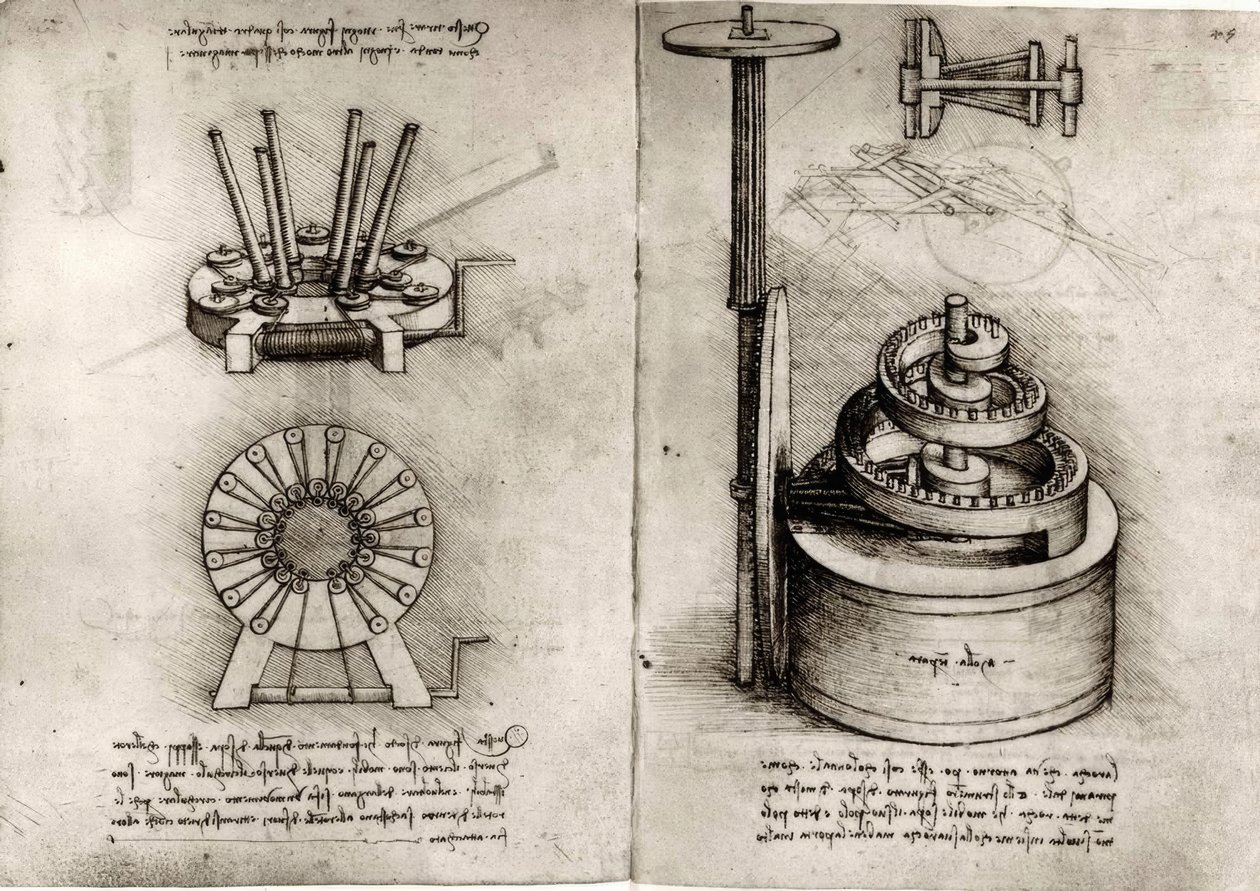 Studien zur Mechanik; rechts Triebfeder einer Uhr tekijältä Leonardo da Vinci