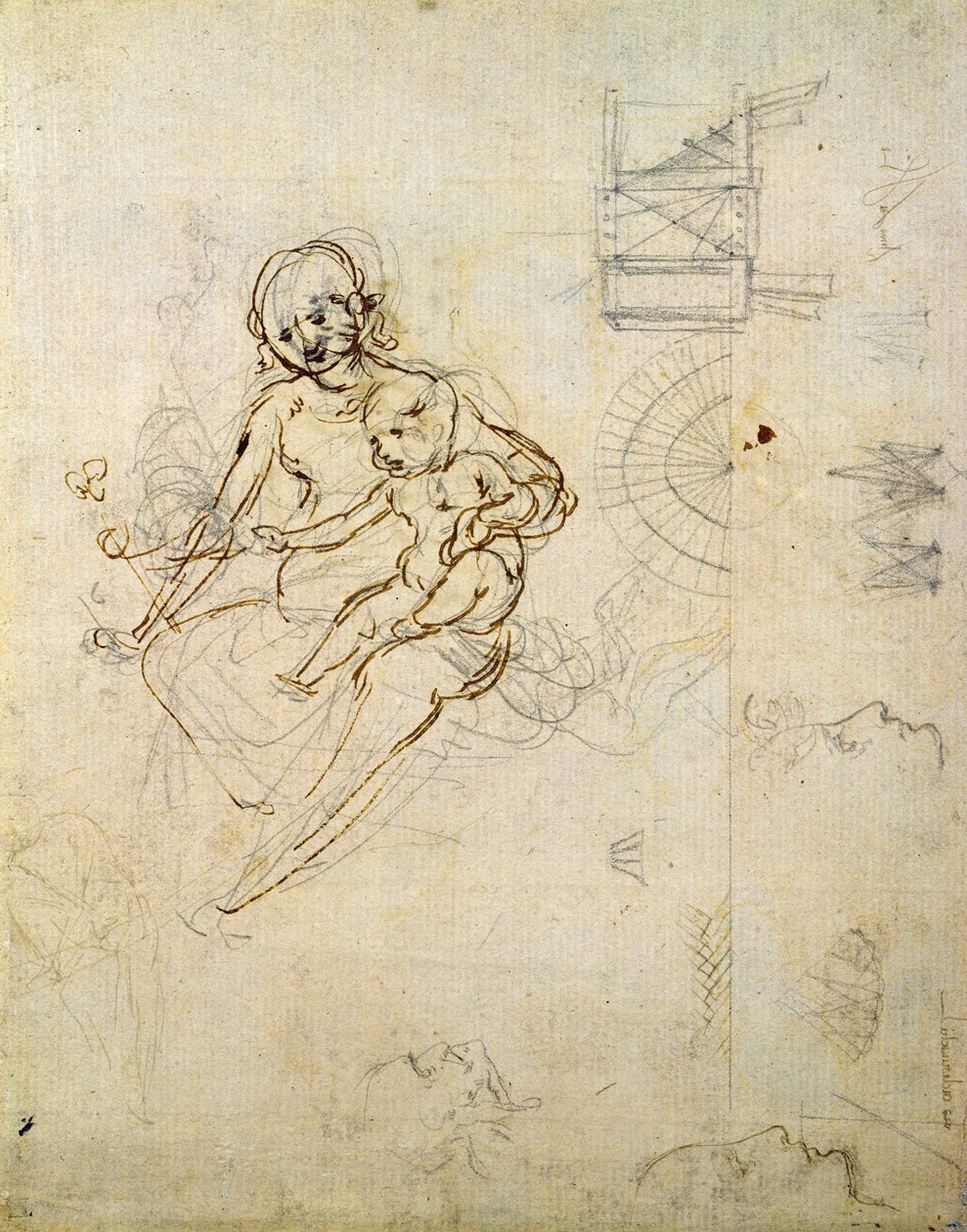 Tutkimuksia neitsyelle ja lapselle sekä päistä profiilissa ja koneissa, n. 1478-1480 (kynä ja muste paperille) tekijältä Leonardo da Vinci
