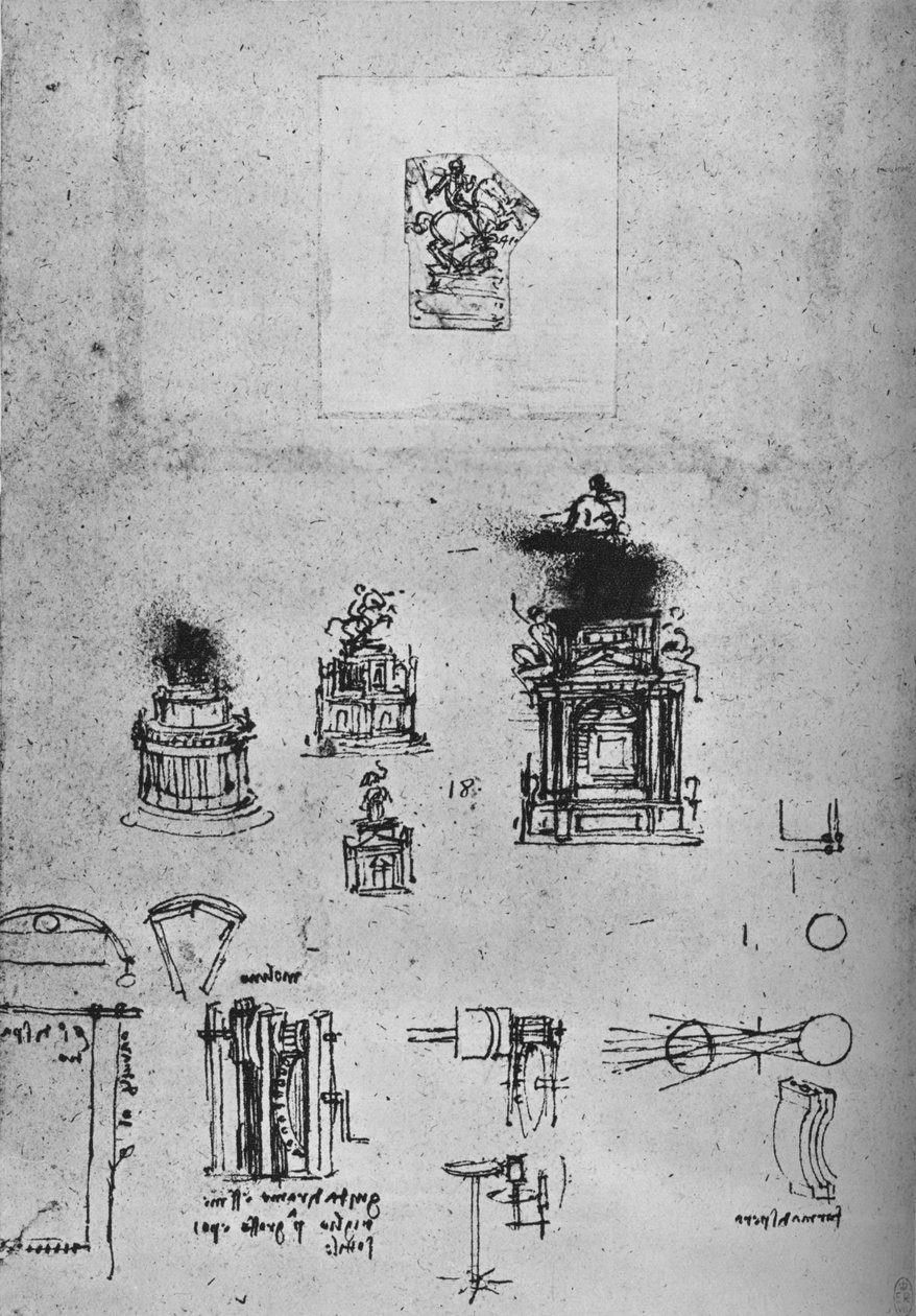 Studies for an Equestrian Monument and Studies of Machinery, c1480 1945 tekijältä Leonardo da Vinci