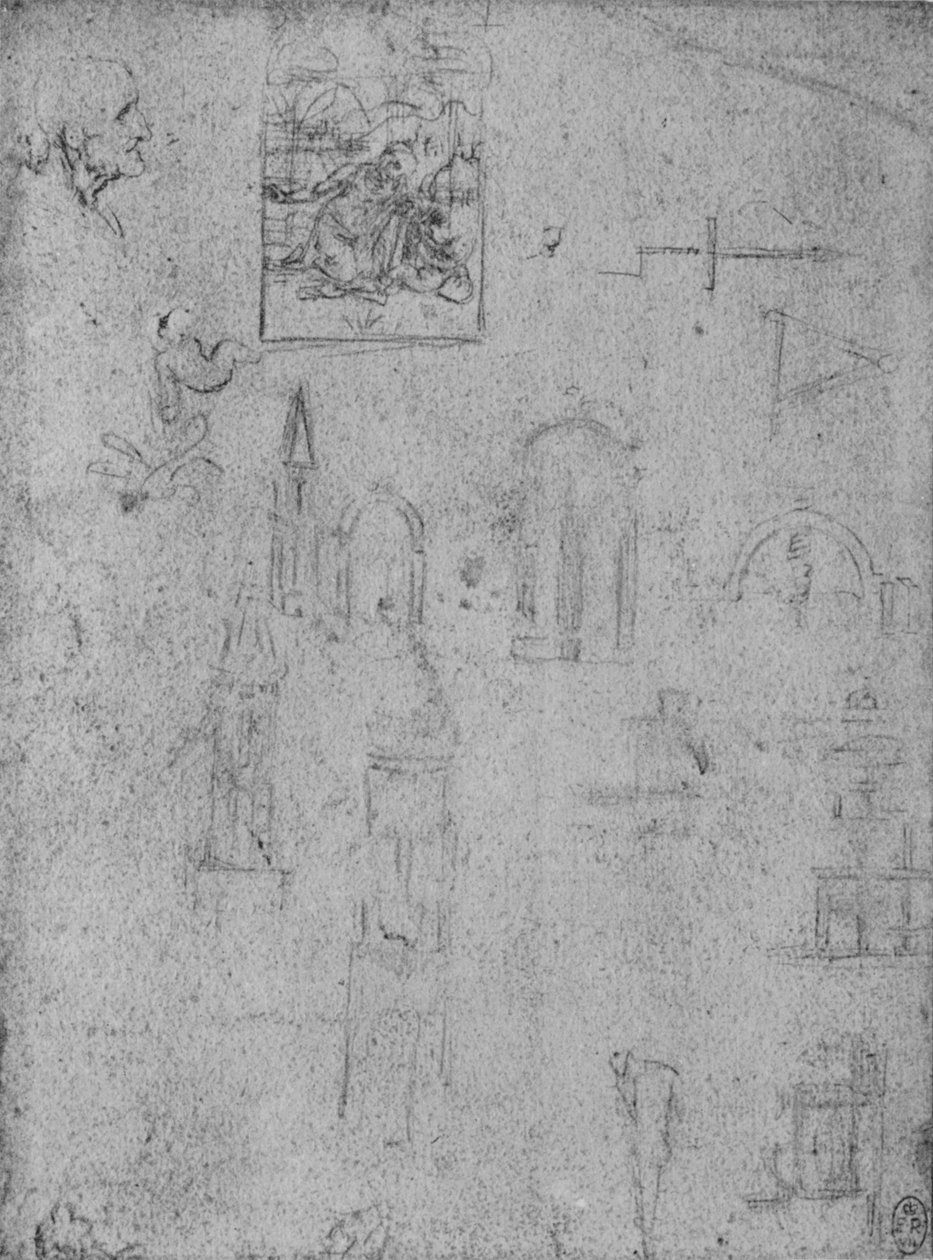 Arkkitehtuuri- ja Kristus-lapsa palvovan neitsyen opinnot, c1480 1945 tekijältä Leonardo da Vinci