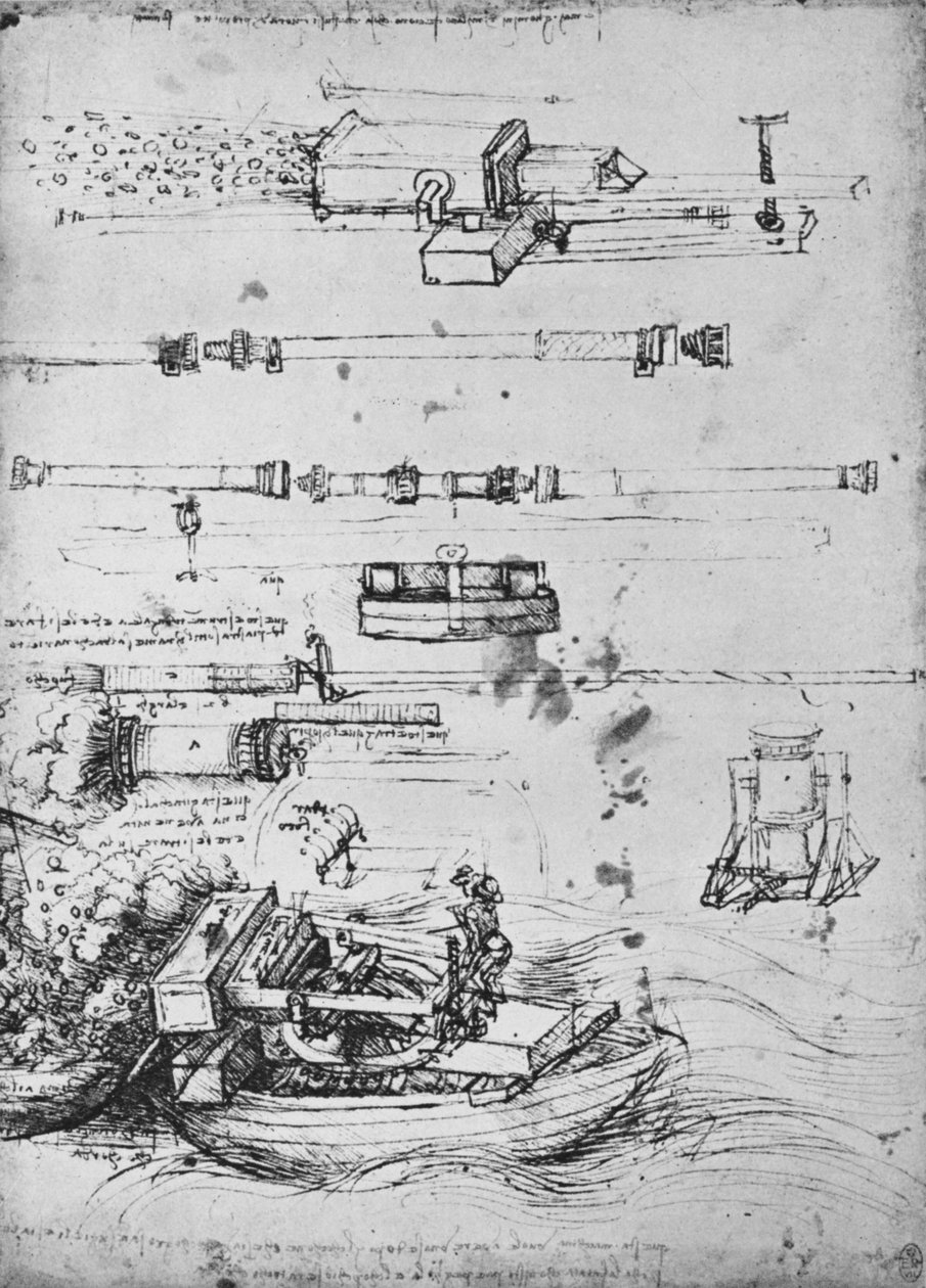 Tutkimuksia kranaatit, yksi laukaisu veneestä ja Canon, c1480 1945 tekijältä Leonardo da Vinci