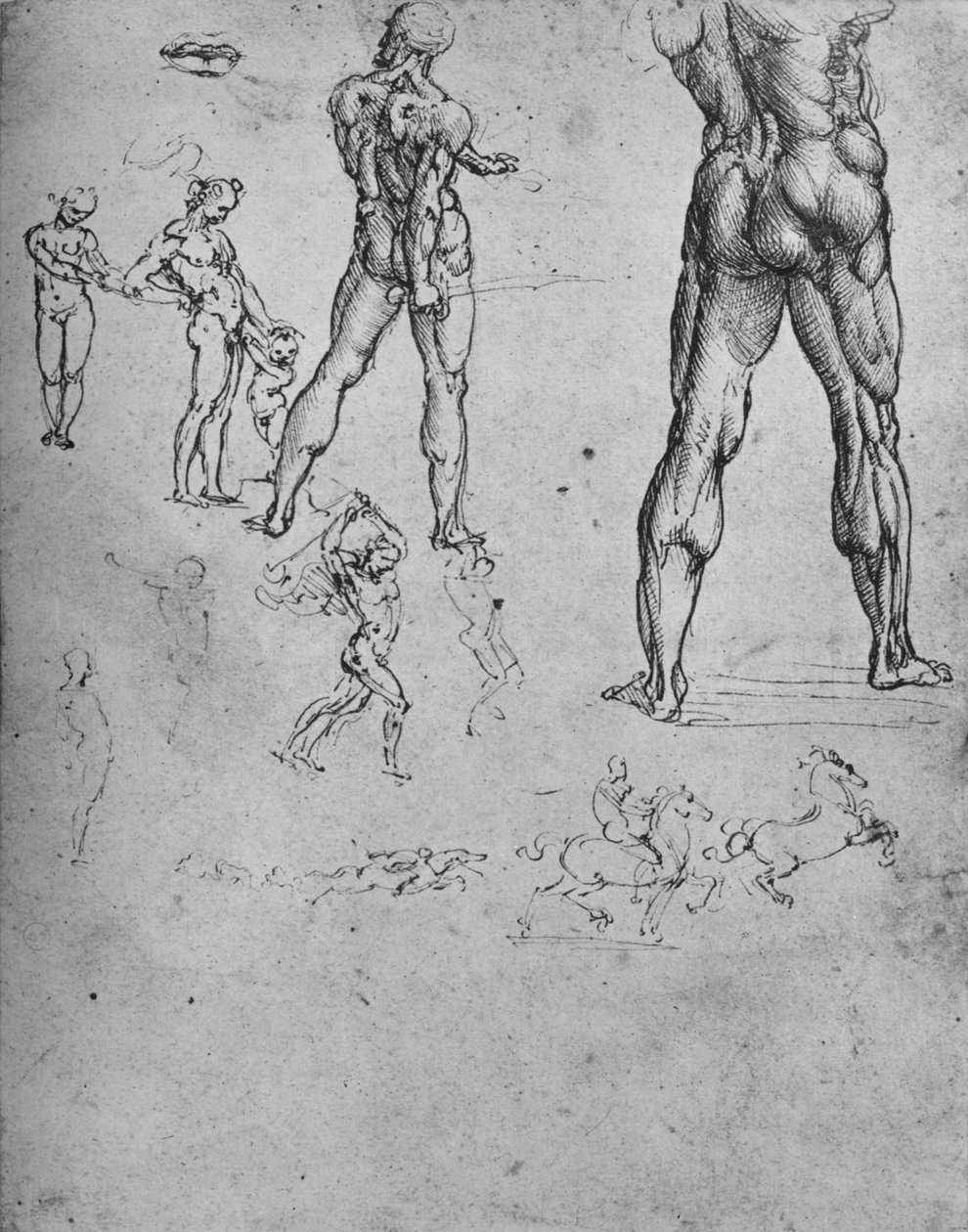 Tutkimuksia alastonsotilaista miekalla ja pienemmillä luonnoksilla, c1480 1945 tekijältä Leonardo da Vinci
