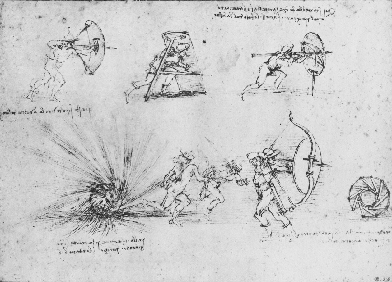 Tutkimuksia jalkasotilaiden suojelemiseksi olevista kilpeistä ja pommin räjähtämisestä, c1480 1945 tekijältä Leonardo da Vinci