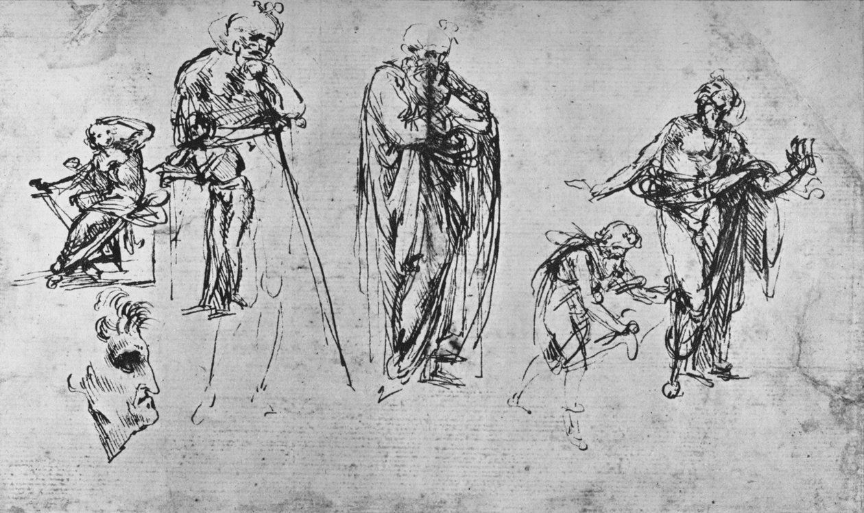 Tutkimuksia yksittäisistä hahmoista ja profiilista, c1480 1945 tekijältä Leonardo da Vinci